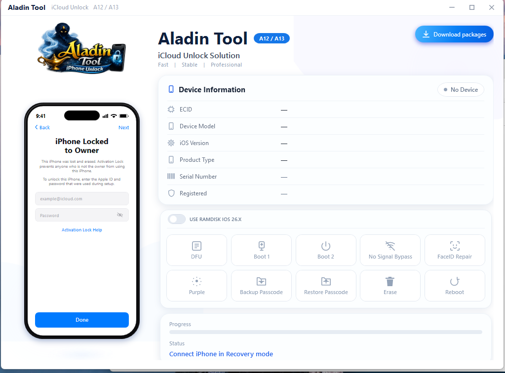 Aladin Tool iCloud Hello & Passcode Bypass A12/A13 Ramdisk IOS26 iPhone XS, XS Max, XR, SE2 11, 11 Pro, 11 Pro MaxiPad mini 5th generation, Air 3rd generation, iPad 8th generation, iPad 9th generation